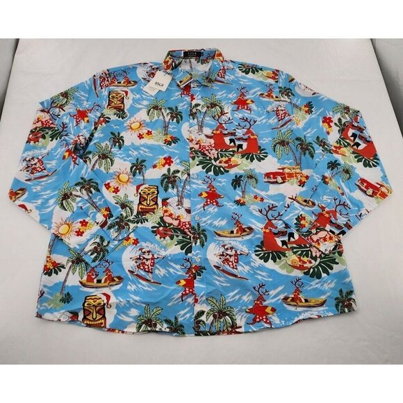 SSLR Mens Size 4XL Santa Claus Surfing Reindeer Beach Hawaiian Long-Sleeve Shirt - Picture 1 of 6